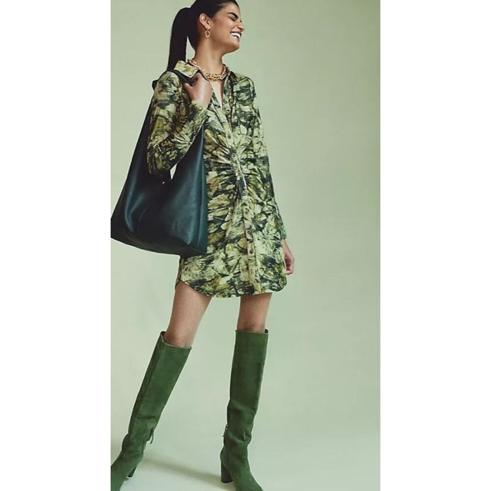 Pilcro Anthropologie Ruched Shirt Dress Green Corduroy Button Front Size 0